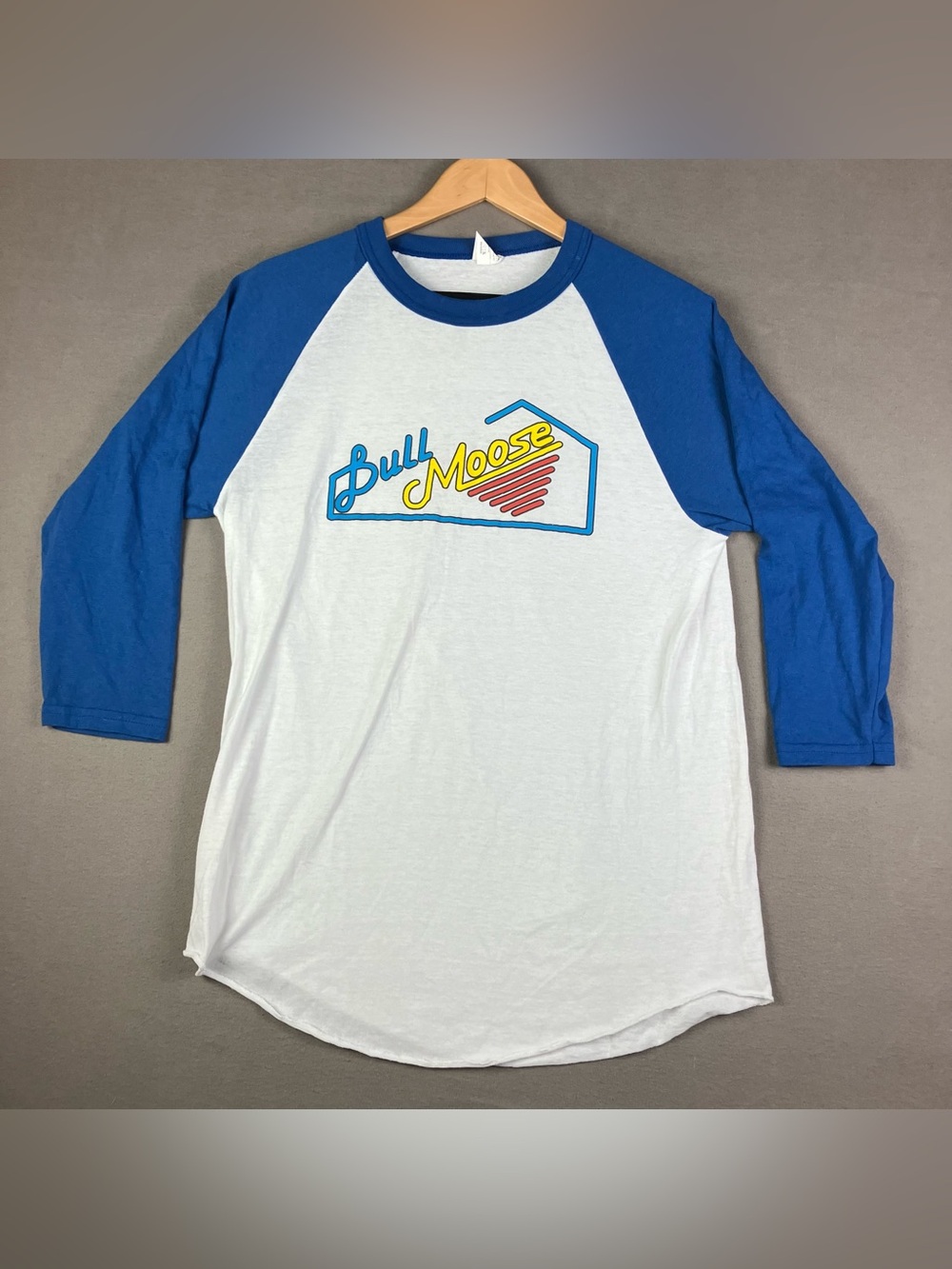 Vintage Bull Moose Record Store Raglan Graphic T-Shirt Size Medium White Blue. I